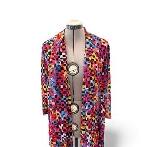 Ali Miles Womens Small Multicolor Geometric Pixel Print Open Front Cardigan Mesh